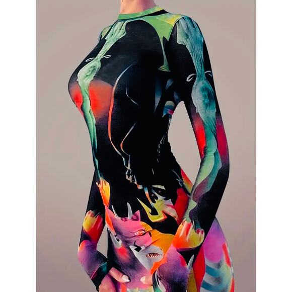 Vintage Style Long Sleeve Abstract Print Crew Neck Fashionable Dress, NWOT - Picture 1 of 6